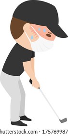 A man playing golf with a mask to prevent infection. Illustration of a man who is hot and has heat stroke.
