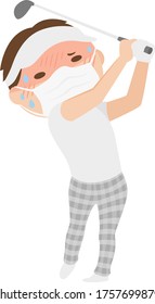 A man playing golf with a mask to prevent infection. Illustration of a man who is hot and has heat stroke.