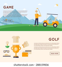 Man playing golf mountains in the background. Cup winner and icons around. 2 banners. Flat style vector illustration.