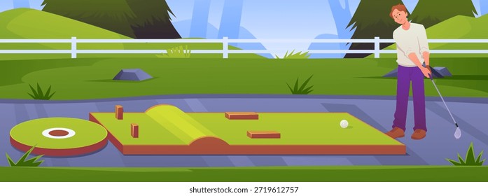 Homem jogando golfe no minigolfe. Equipamento de golfe. Atividade de lazer desportivo, passatempo ao ar livre ou treinamento em paisagem natural com pista de golfe vetor tribunal ilustração plana