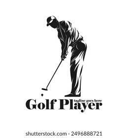 Hombre jugando a la Ilustración vectorial de la silueta del golf. Profesional de golf con color blanco y negro