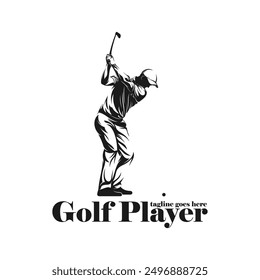 Hombre jugando a la Ilustración vectorial de la silueta del golf. Profesional de golf con color blanco y negro