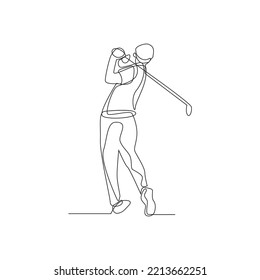 man playing golf in single continuous line vector illustration