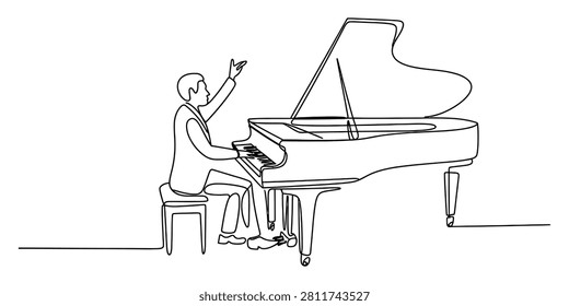 Man playing grand piano. Continuous one line drawing of a pianist performing classical music concert.