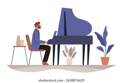 Man playing grand piano home interior plants modern furniture minimalist decor