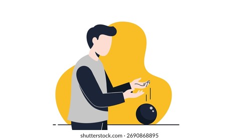 Mann, der mit einem Gravitationsball spielt und Physikkonzepte im abstrakten Kunststil demonstriert