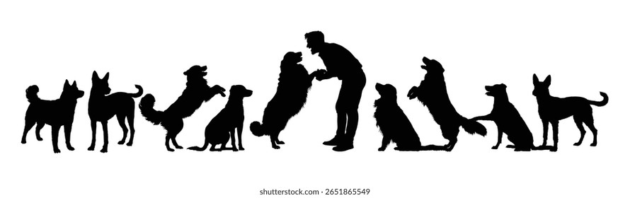 Man playing with group of dogs black silhouettes set on white background. Man shaking hand dog paw surrounded by group of dogs black silhouettes isolated on white background.	