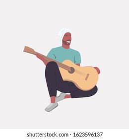 man playing guitar african american guitarist sitting on floor full length vector illustration