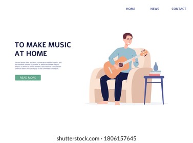 Man playing guitar and composing music at home, flat vector illustration. Creative hobbies and music or art study at home website or landing page template.