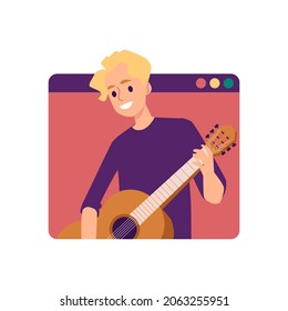 Man playing guitar in computer browser window, flat vector illustration isolated on white background. Online distance virtual party or music broadcasting.