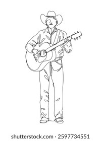 a man playing guitar ,cowboy style, line drawing, vector illustration