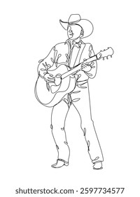 a man playing guitar ,cowboy style, line drawing, vector illustration