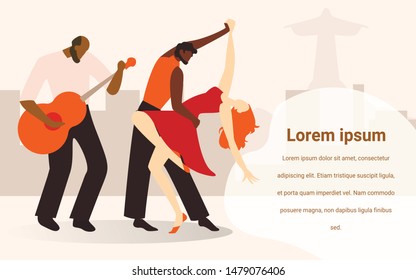 Man Playing Guitar and Dancing Couple on Beige Background. Dancers Dance Incendiary Dances. People Have Fun. National Holiday of Brazil. Vector Illustration. Advertising Image with Text.