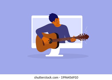 Man playing guitar from digital screen. Online video course of play musical instrument. E-learning music by computer. Virtual concert. Guy plays strings in internet. Leisure, hobby vector illustration