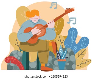 man playing guitar flat vector illustration with floral background clip art set. Vector concept metaphor illustration. Man loving his guitar and playing music really well clipart set illustration