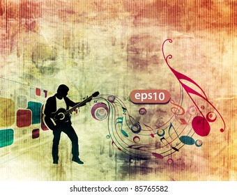 man playing guitar in grunge texture background.