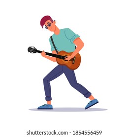 Man playing guitar, guitarist and string instrument isolated flat cartoon person. Vector guy with stringed musical instrument, male musician gives performance, rock and roll singer hobby, casual cloth