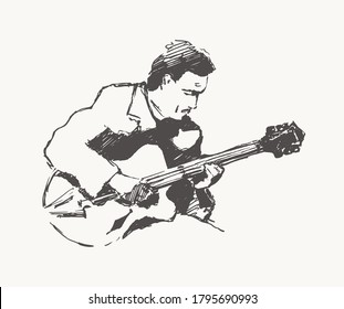 Man playing the guitar. Hand drawn vector vintage illustration, sketch