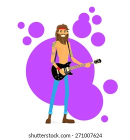 Man Playing Guitar Hippie with Beard Vector Illustration