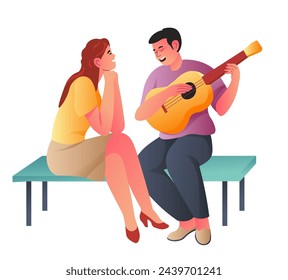 Man playing guitar for his partner, intimate musical moment, outdoor setting.