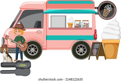 Man playing guitar at icecream truck illustration