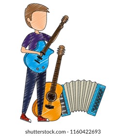 man playing guitar and instruments character