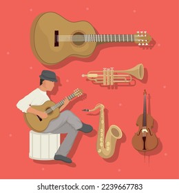 man playing guitar and instruments musical