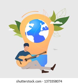 Man playing guitar, light bulb, Earth globe and green leaves. Innovation, idea, environment, leisure concept. Vector illustration can be used for topics like music, nature, ecology
