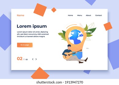 Man playing guitar, light bulb, Earth globe and green leaves. Innovation, idea, environment, leisure concept. Vector illustration can be used for topics like music, nature, ecology