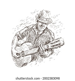 Man playing guitar. Live music, jazz festival concept in sketch vintage style