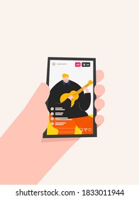 un hombre tocando guitarra en vivo show social network en smartphone para hacer un contenido para seguidores, ilustración vector