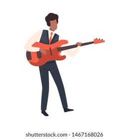 Man Playing Guitar, Male Jazz Musician Character in Elegant Clothes with String Musical Instrument Vector Illustration