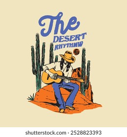 a man playing guitar in the middle of the desert