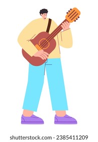 Man playing guitar music instrument guitarist alone flat colorful illustration young performance cartoon