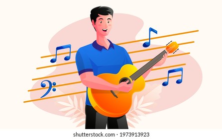 a man playing guitar with musical notes