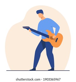 Man playing guitar. Musician, rock star, musical instrument. Flat vector illustration. Concert, show, rock music singer concept for banner, website design or landing web page