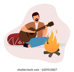 Man playing guitar near bonfire flat vector illustration. Bearded camper, guitarist sitting near campfire isolated cartoon character. Summer vacation relax, romantic evening in countryside