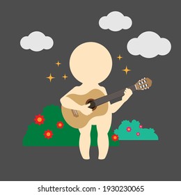 man playing guitar at night cartoon round icon vector illustration graphic design.