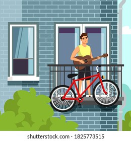 Man playing guitar on balcony. Happy young guy playing a song, standing with bycicle. Safe quarantine relaxing hobby vector illustration. City apartment view from street.