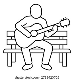 Man playing guitar on park bench line icon editable stroke