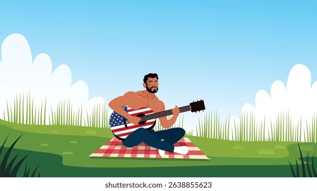 Man playing guitar on picnic blanket during American patriotic summer celebration