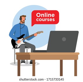 Man playing guitar. Online course. Online lesson. Learning how to play the guitar.