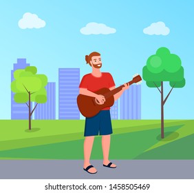 Man playing guitar outdoor, smiling male with instrumental equipment standing in urban park, buildings view. Freedom person guitarist, performer vector. Flat cartoon