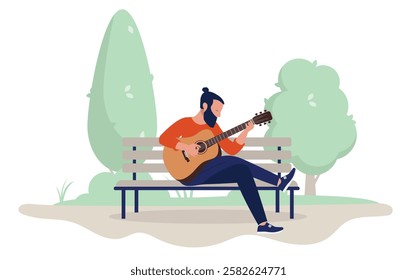 Man playing guitar outdoors on park bench - Person sitting with musical instrument practicing and playing music alone in park and nature. Flat design vector illustration on white background