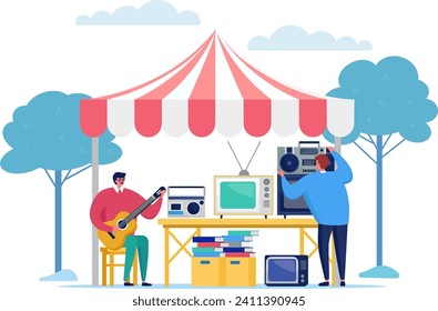 Man playing guitar and person with camera at flea market stall. Outdoor market sale of vintage electronics, music, hobby vector illustration.