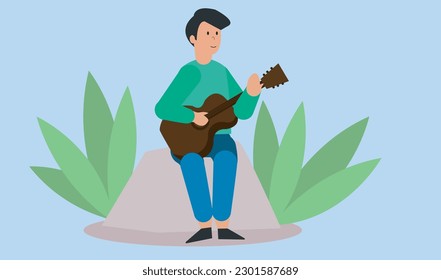 Man playing guitar and relaxing at outside. Man sitting on the stone and playing guitar. People’s leisure activity, hobby, and creative passions, with blue colored background. vector.