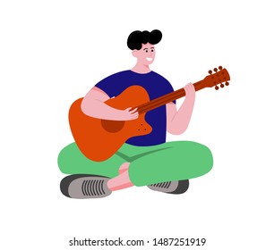 Man playing guitar seeting in flat style. Vector illustration.
