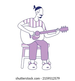 Man playing guitar semi flat color vector character. Sitting figure. Full body person on white. Hobby at home simple cartoon style illustration for web graphic design and animation