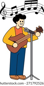 Um homem está tocando violão e cantando