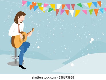 The man playing the guitar and singing happily, vector illustration.